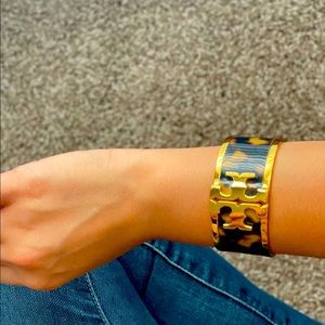 Tory Burch T Raised Logo Enamel Wide Hinged Cuff